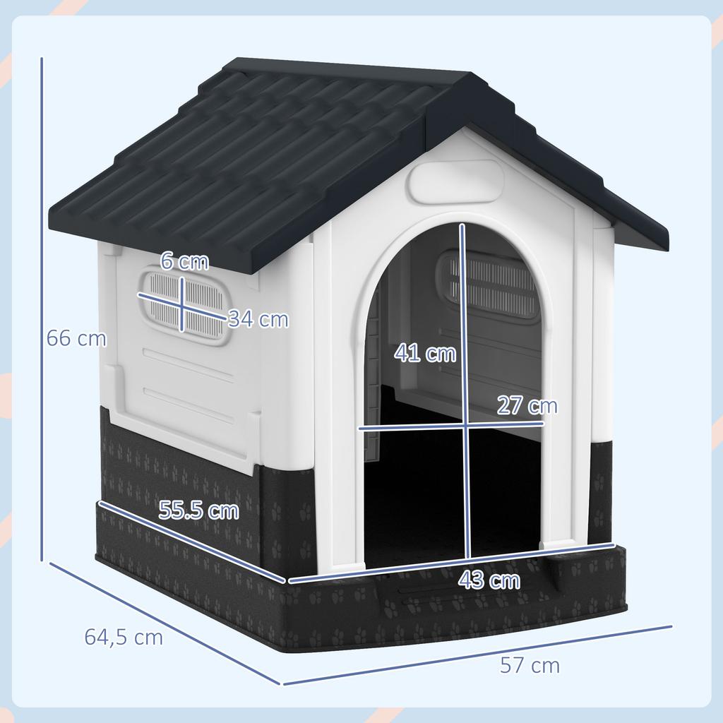 Plastic Dog Kennel, 3 Windows, Raised Base, Sloping Roof, 64.5 x 57 x 66 cm, Dark Grey