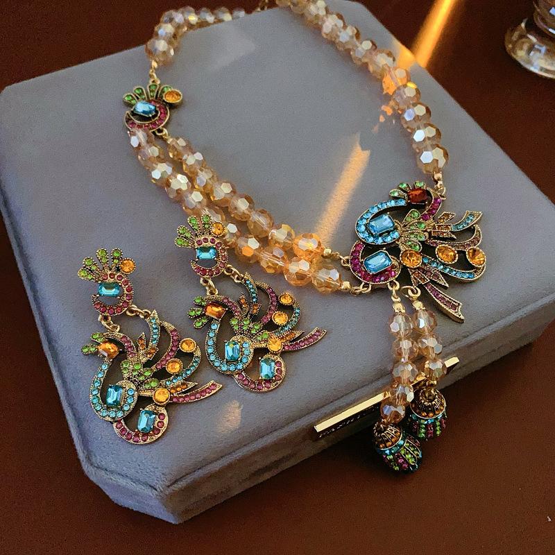 Винтажный набор украшений со стразами 2025 года для женщин, серьги-павлины с цветком на серебряных иглах, винтажное ожерелье в стиле легкой роскоши для свадьбы