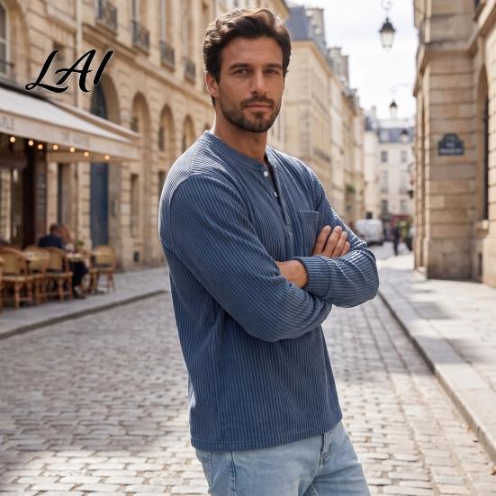 Thoughtful Gifts for Husband Men Corduroy Sleeve Button Long Pullover Shirt Collar with Chest Pocket