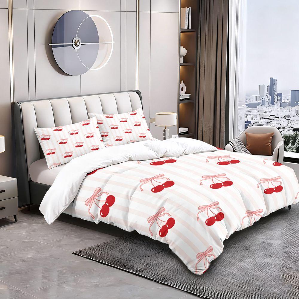 2/3Pcs Cute Cherry Bow Print Duvet Cover Set (1 Duvet Cover & 1/2 Pillowcase) Soft Aesthetic Bedding Set for Girls Bedroom Decor