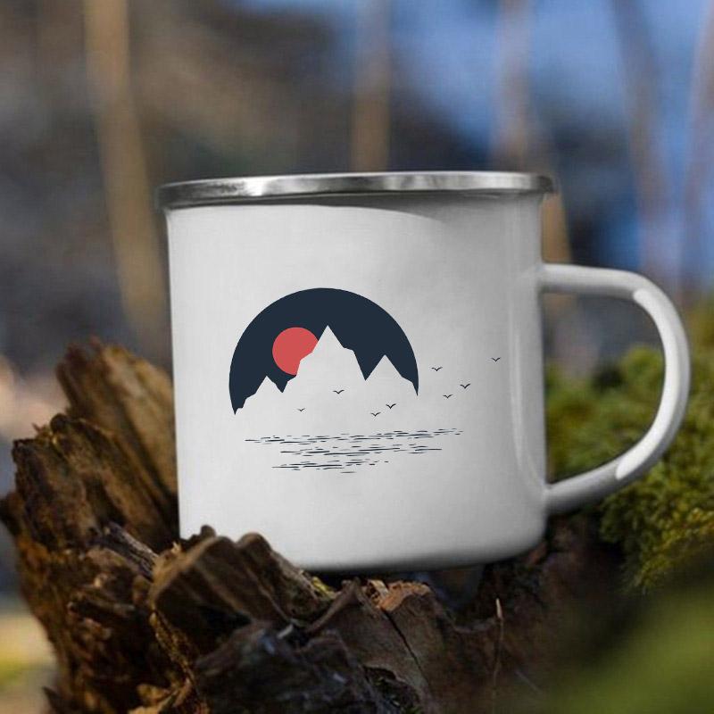 Mountain Camping Adventure Print Enamel Creative Coffee Water Milk Cups Camping Mugs Handle Drinkware Vacation Hiking Mug Gifts