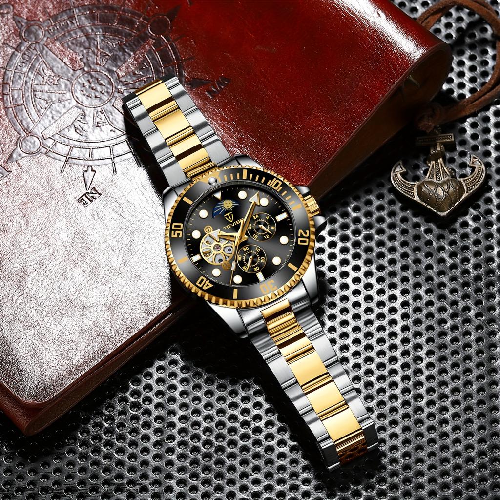 TEVISE Automatic Mechanical Watch for Men Fashion Skeleton Calendar Stainless Steel Waterproof Wristwatch Gift for Men
