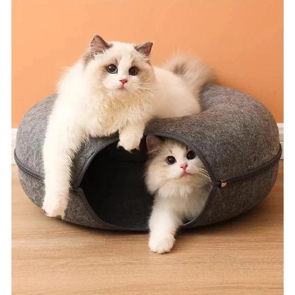Donut Cat Bed Pet Cat Interactive Game Toy Cat Bed Dual-use Tunnel Bed with Felt Toy Gift for Small Kitten Rabbit