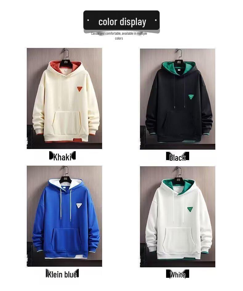 Men's Trendy Two-in-One Velvet Hoodie - Spring/Autumn Long-Sleeve Pullover with Sticker Design