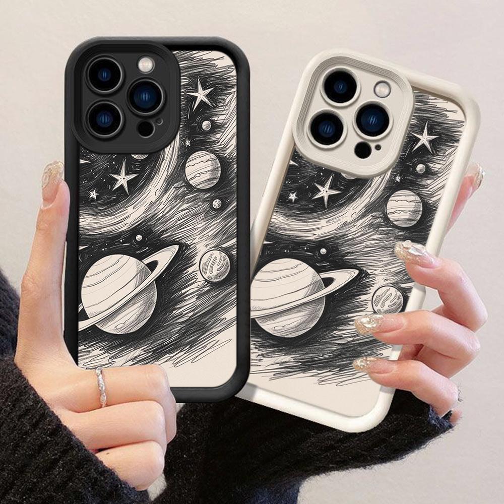 JT572 Бело-черный чехол с изображением космоса для iPhone 17 16 15 14 13 12 Pro Max, Samsung S26 S25 Ultra A17 A07 A56 A16 A15, Xiaomi 15T, Redmi 15c 14C.