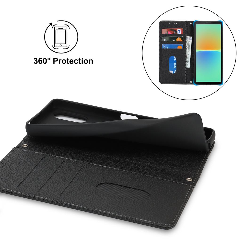 For Sony Xperia 10 IV 5G Case Stand Wallet Litchi Texture Leather Flip Phone Cover with Strap