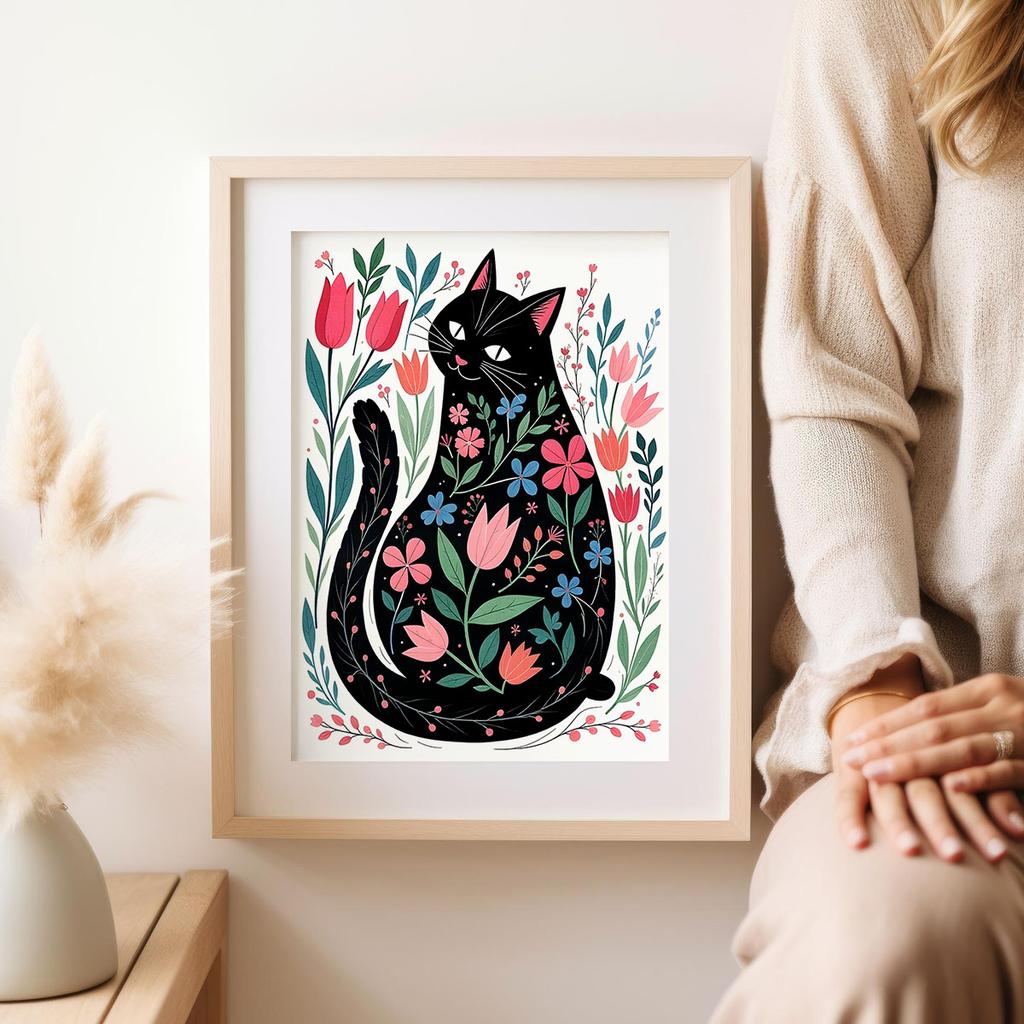 Plakat ilustracja kot w kwiatach