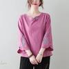 Women's Retro Chinese Buttoned Embroidered Shirt, Cotton-Linen, Loose Fit, Three-Quarter Sleeves