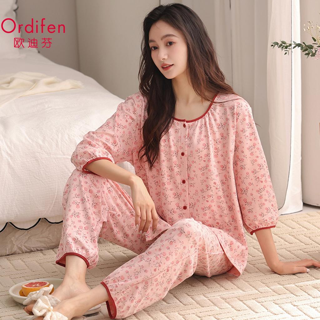 Women's Cotton Pajama Set - Seven Quarter Sleeve Casual Forest Style