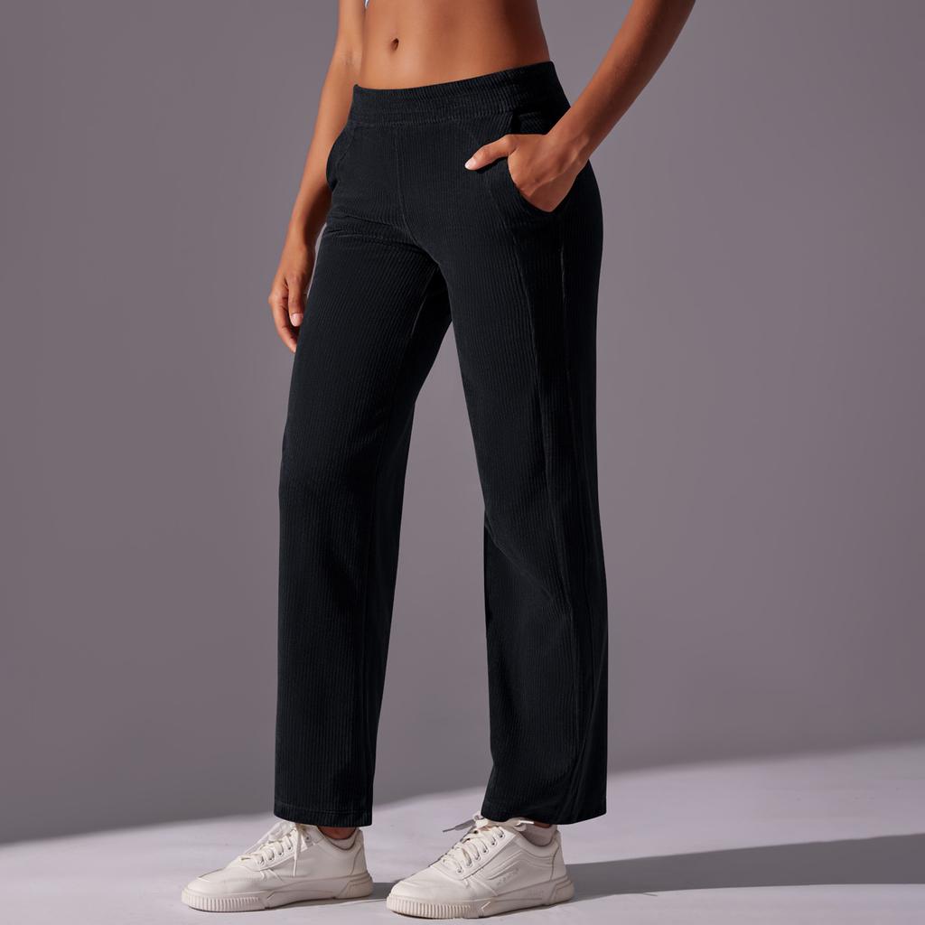 New Solid Color Corduroy Threaded Casual Pocket Straight Pants High Waist Drape Sports Running Yoga Nine-point Pants Women