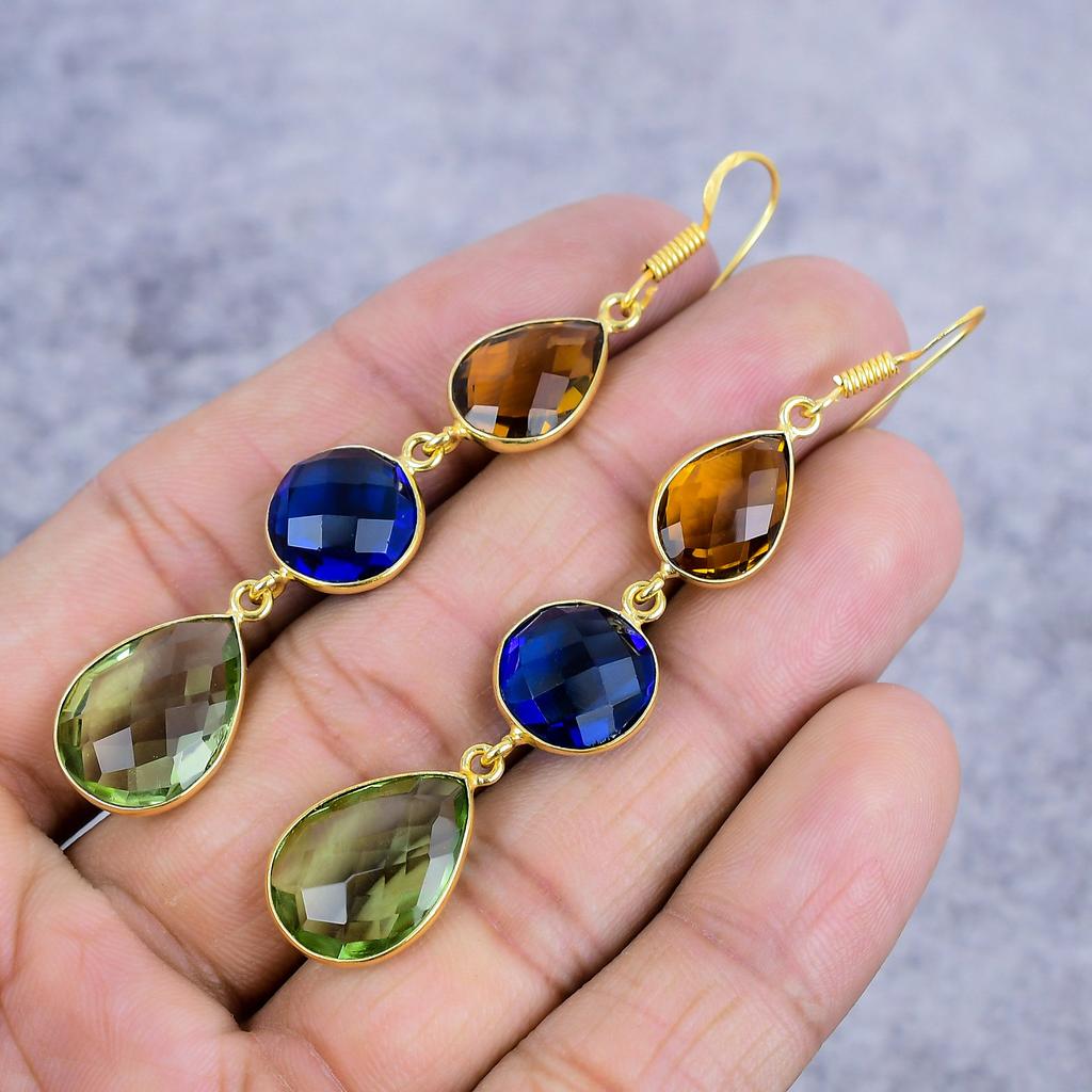 Peridot, Blue Topaz Gemstone 925 Sterling Silver Jewelry Earring 2.99" M-2648