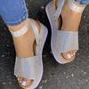 New Large-size Rhinestone Sandals Thick-soled Wedge Heel Casual One-word Buckle Women's Shoes