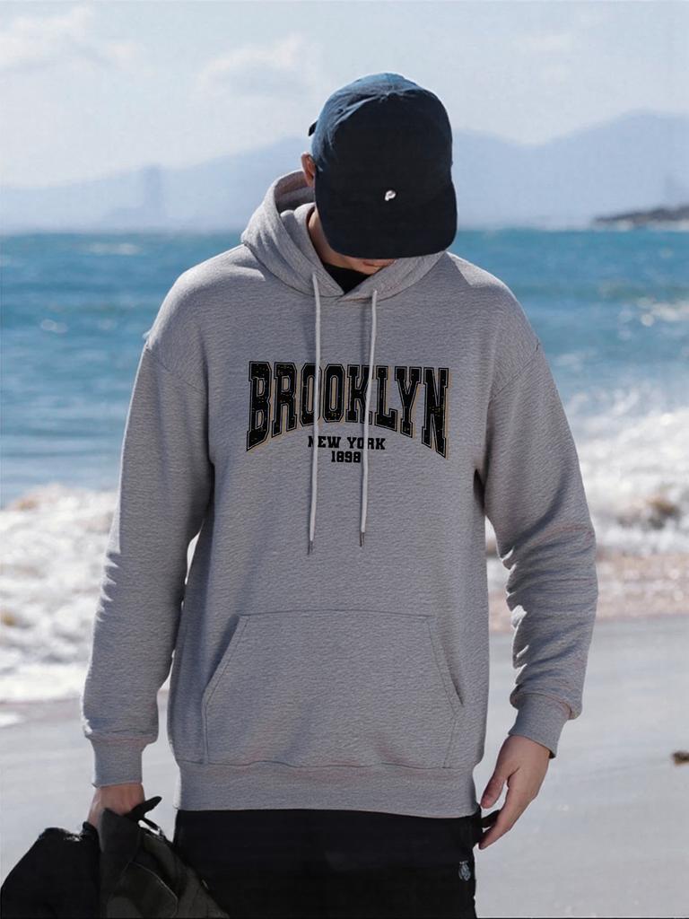 Brooklyn New York Art Letter Pattern Hoody Men Fashion Oversized Hoodie All-Match Fleece Pullover Autumn Pocket Man Streetwears