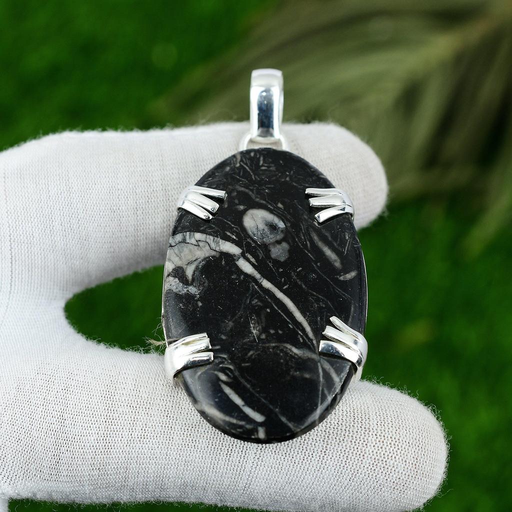 Gift For Her 925 Sterling Silver Natural Black Fossil Coral Gemstone Pendant
