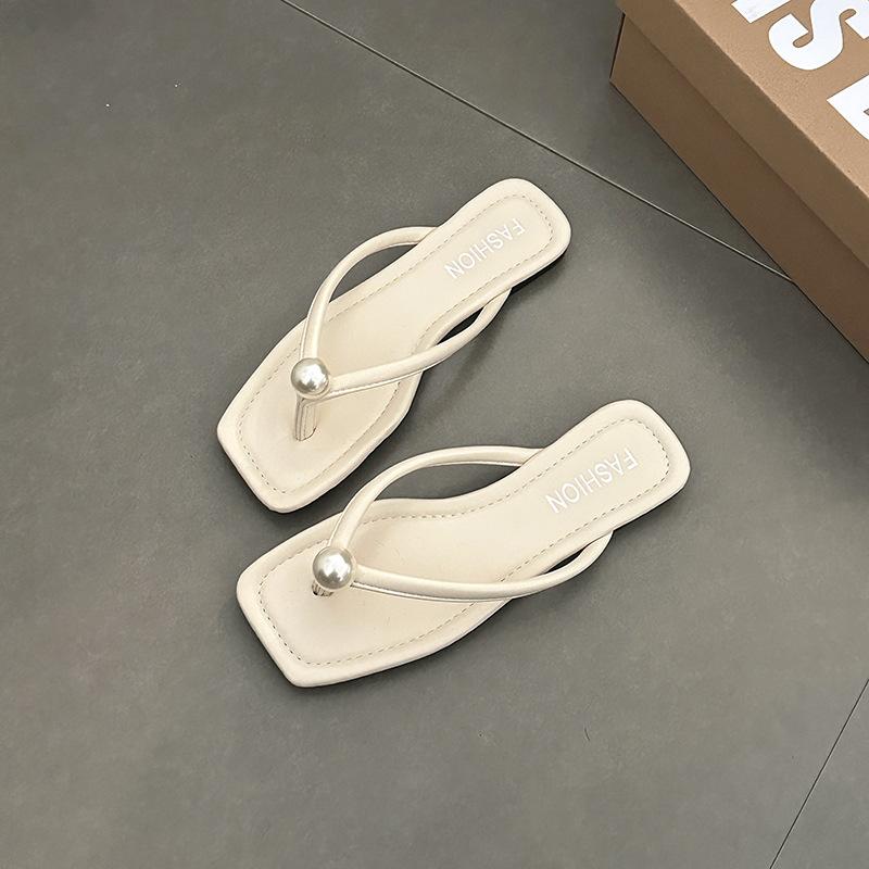 Новая приморская пляжная обувь Корейская версия женской летней моды плоская подошва простые однотонные жемчужные шлепанцы обувь универсальная