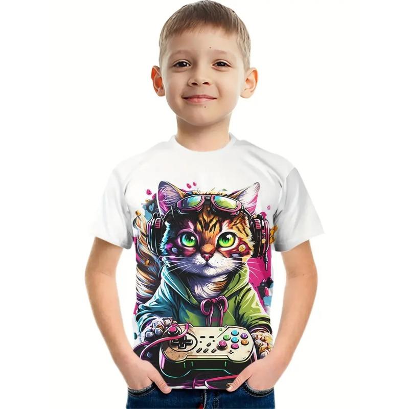Мультяшный кот Детская одежда для мальчиков Футболка с принтом 3D кота с коротким рукавом Детская одежда Модная футболка для мальчиков Топ Футболка Лето