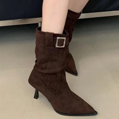Сексуальные ботильоны с острым носком на шпильках из замши для женщин, зимняя трендовая обувь 2025 года, новые элегантные туфли-лодочки, модные туфли-лодочки Botas Mujer