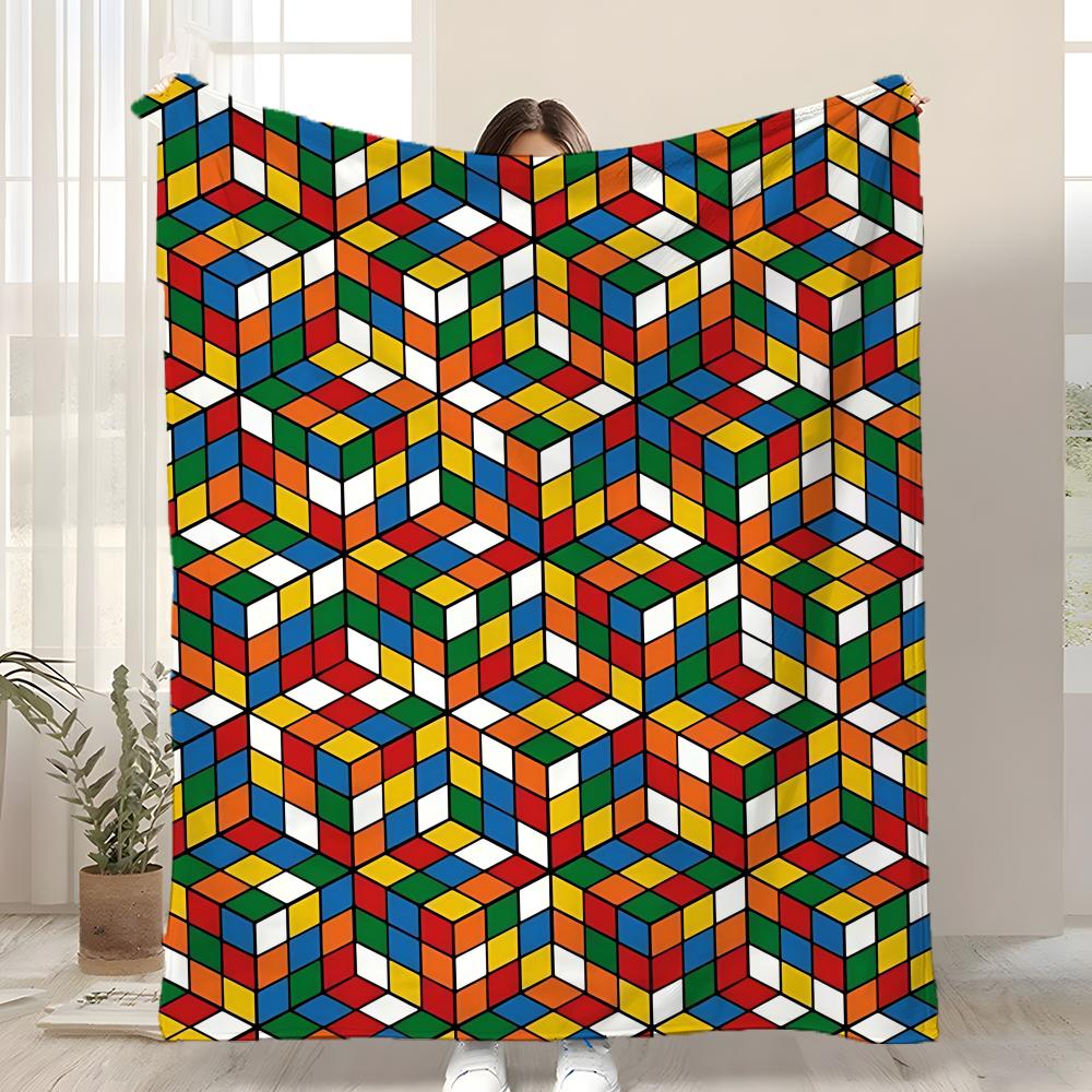 Cute cartoon style Rubik's cube Throw Kid-Friendly Flannel Throw Blanket Soft Warm Anti-Static Washable All Season