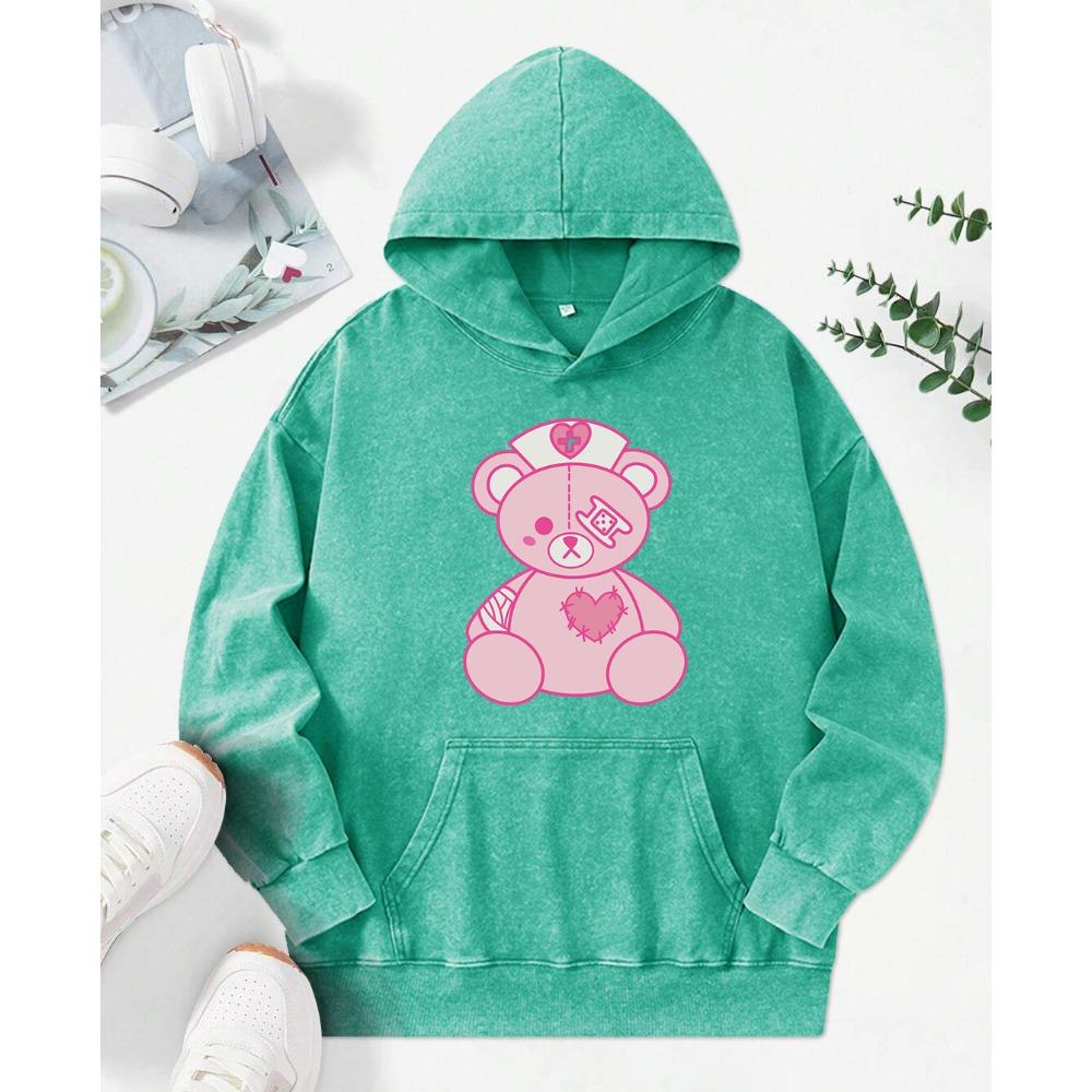 Broken Bear Creative Print Women Snow Wash Hoodie Autumn Loose Hoody Casual Soft Pullovers Vintage Cotton