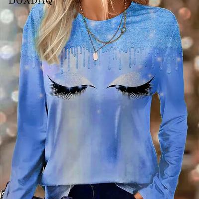 Женские модные футболки с абстрактным рисунком в виде ресниц и лица, весна-осень, с длинным рукавом, 3D-принт, уличный стиль, женская футболка 6XL, топы больших размеров