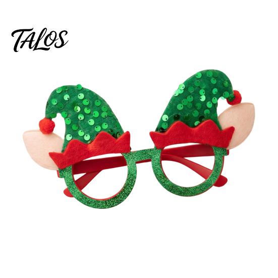 Seasonal Festive Costume Eyewear Christmas Elf Glasses with Sequin Hat & Ears, Funny Party Photo Booth Prop for Kids Adults, Holiday Felt Frame