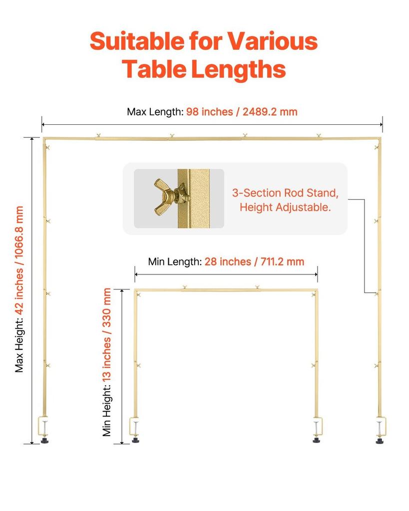2Pcs Over The Table Rod Stand with Clamp Arch Frame 28-98 in L Adjustable