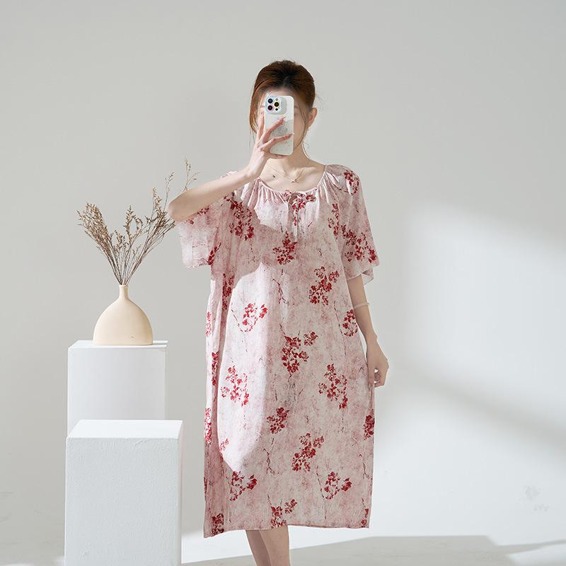 Lyocell cotton and silk nightgown women's summer short-sleeved printed pajamas spring and autumn senior feeling loose large size long loungewear