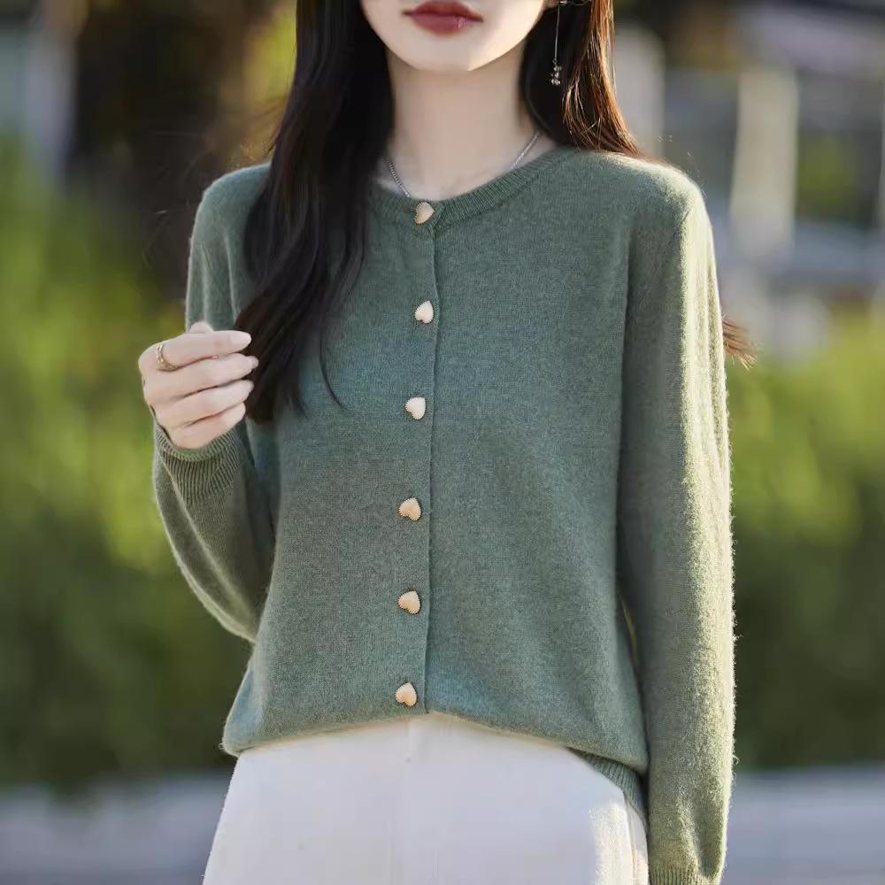 Minimalist Solid Basic Structured Shoulder Versatile Long Sleeve Knit Cardigan Heart Button Round Neck Sweater Women