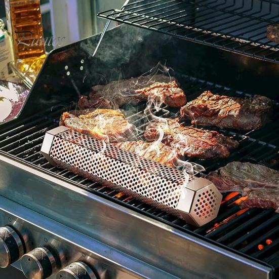 Трубка для пеллет Нержавеющая сталь Дымовая трубка для барбекю с вентиляционными отверстиями Жаростойкая Легко чистящаяся Многоразовая трубка для дымового гриля Аксессуары для кемпинга