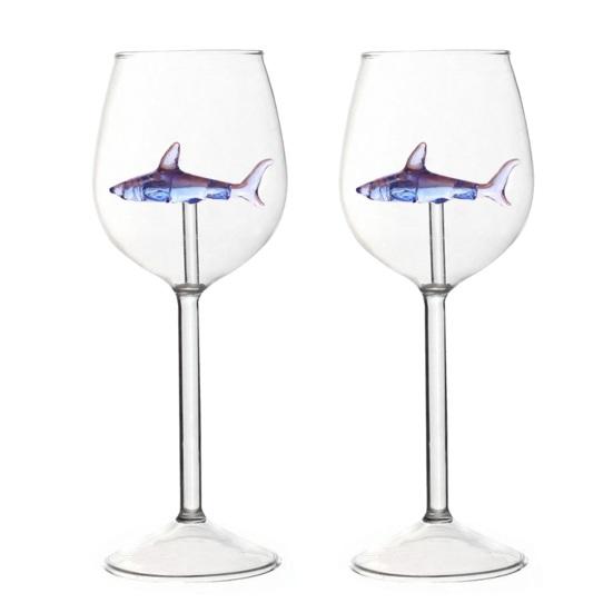 Набор винных бокалов "Акула" Ручная выдувка Бессвинцовое стекло Кубок с 3D-акулой внутри 300 мл Креативная тематика "Акула" Барная посуда Подарок для мужчин Женщин Любителей акул