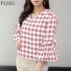 ZANZEA Women Casual V-Neck 3/4 Sleeve Loose Grid Print Blouse