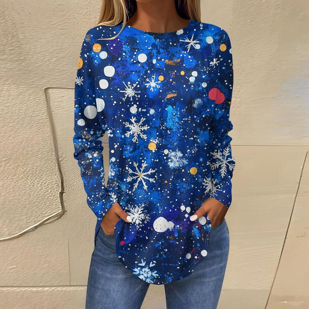 Ladies' Loose Round Neck Retro Pattern Printed Long Sleeved T-shirt Top Pullover For Christmas