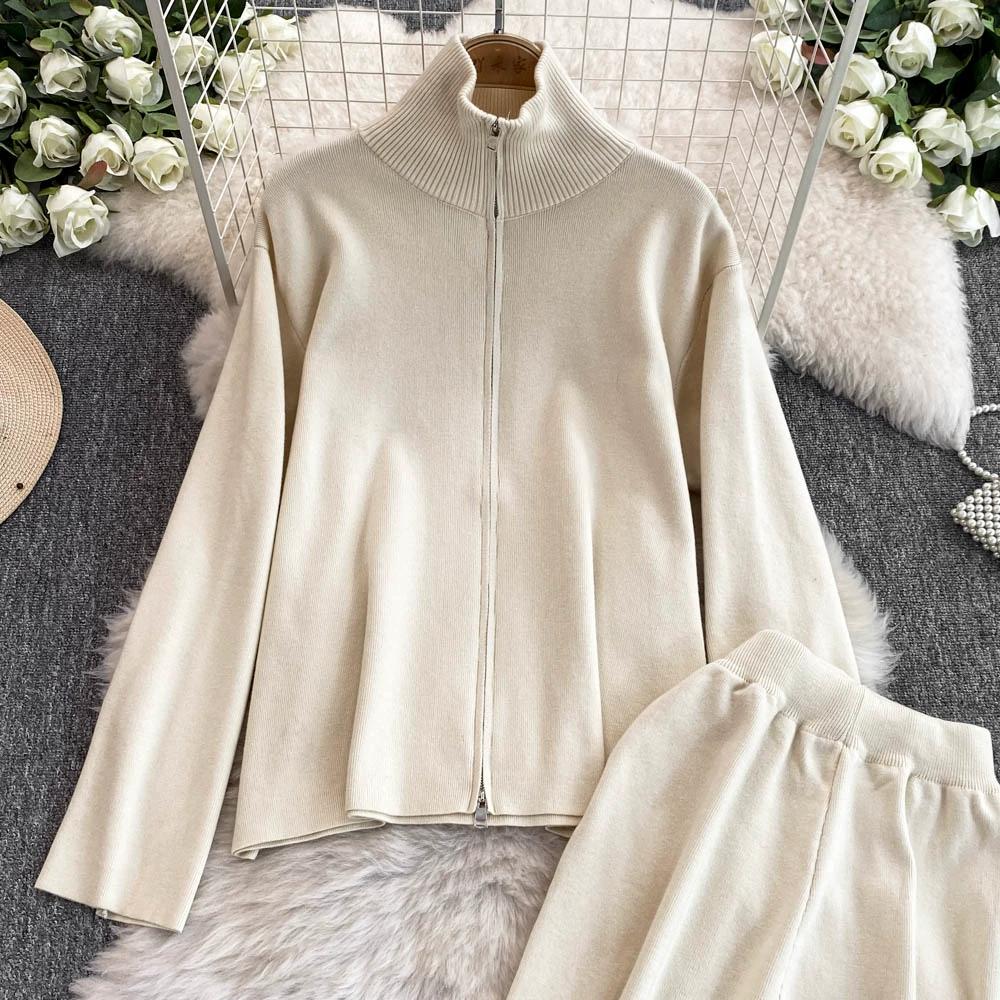 Осенне-зимний трикотажный свитер, брюки, комплект из двух предметов, женская водолазка на молнии, куртка и брюки длиной до щиколотки