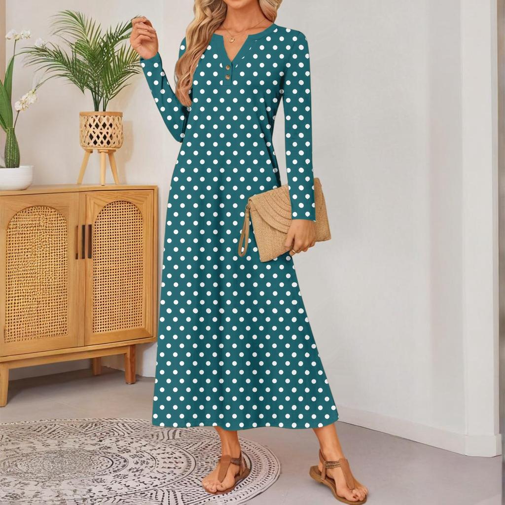 Women Polka Dot Printed Long-sleeved Comfortable Loose Dress, Elegant Dress