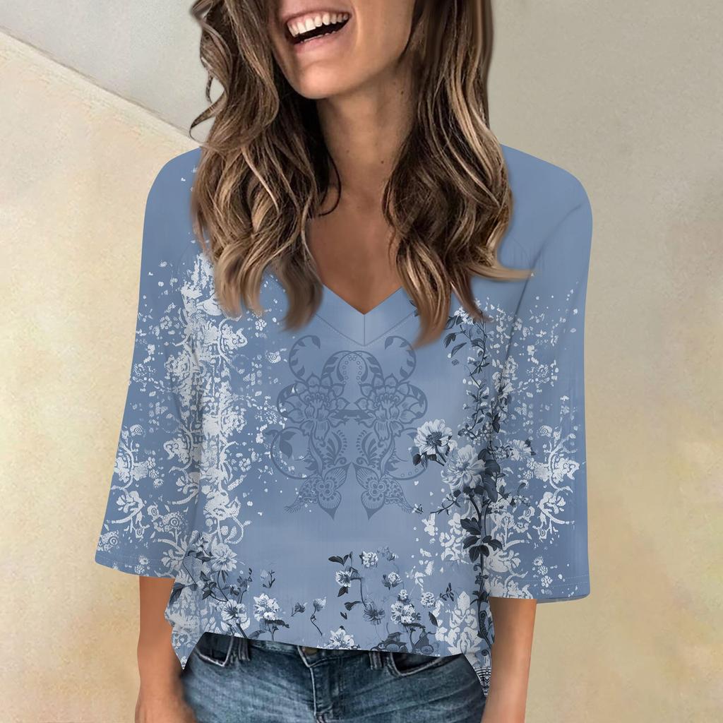 Женская мода и отдых Классический ретро-принт с рукавами 3/4 и v-образным вырезом реглан