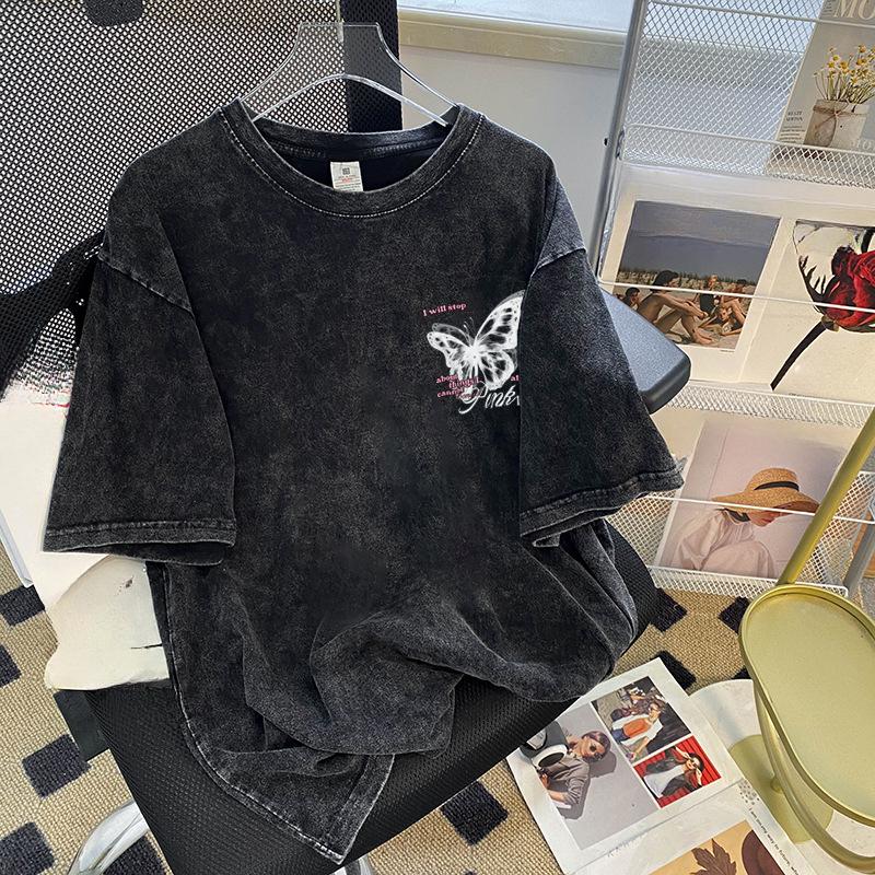 Летняя женская футболка с коротким рукавом и винтажным принтом «Бабочка» с эффектом потертости и состаривания