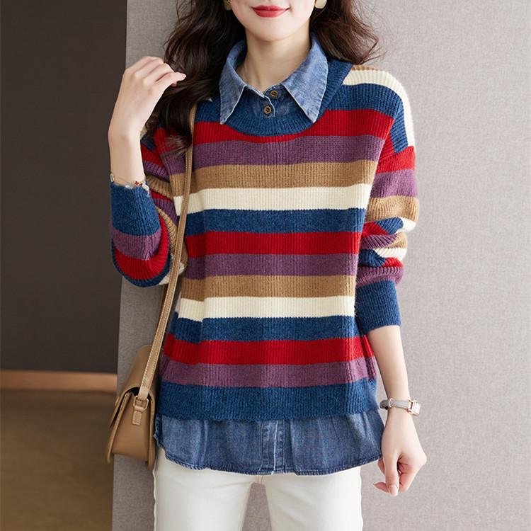 Поддельные свитера из двух частей, ковбойская рубашка, трикотажный свитер с лацканами в стиле пэчворк для осени и зимы, корейский женский пуловер, тренд