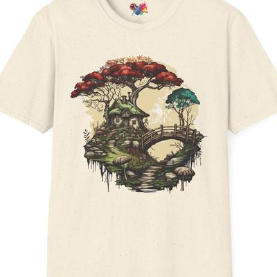 Magical Colorful Tree House & Bridge Unisex T-Shirt for M/F, Fantasy Dream Tee