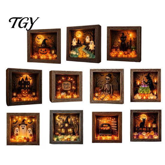 DIY Memory Box Display Lighted Halloween Ghost Shadow Kit, Wooden Frame LED Warm Light, Gothic Decorative Lamp with Crystal Glass Panel, Night
