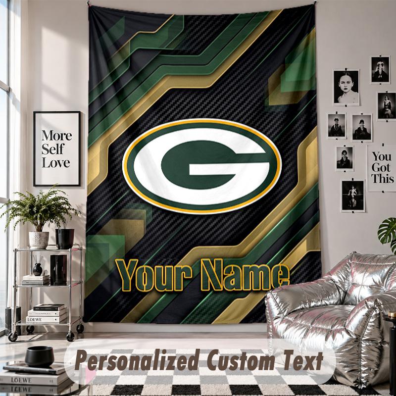 Wall Hanging Tapestry With Custom Name & Text, Green Bay Packers Decorative Tapestry For Bedroom