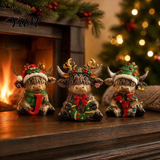 Artistic Desktop Decorations 3Pcs Christmas Highland Cow Figurine, Resin Yak Statues with JOY Letter Sign, Ornaments for Home Decor Farmhouse Tabletop