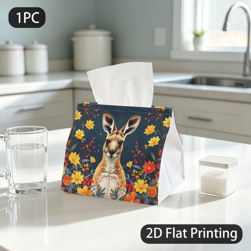 1pc Tissue Box, Whimsical Art Kangaroo Wildflowers Warm Glow Pattern, 2D Flat Printing, Polyester Material, Machine Washable, Tissue Pouch, for Bedroo