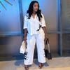 New European and American Suit Women's Plus Size Loose Mid-Sleeve Shirt, African High-Waisted Tie Long Pants, Casual Women's Two-Piece Set