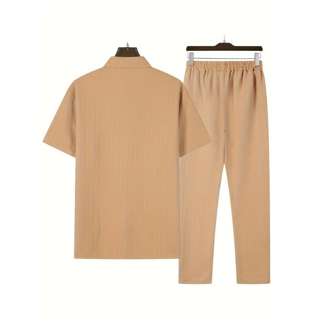 Мужская повседневная полосатая толстовка с коротким рукавом, воротником-стойкой на пуговицах и эластичным поясом, брюки из полиэстеровой ткани с добавлением эластана, двухкомпонентный