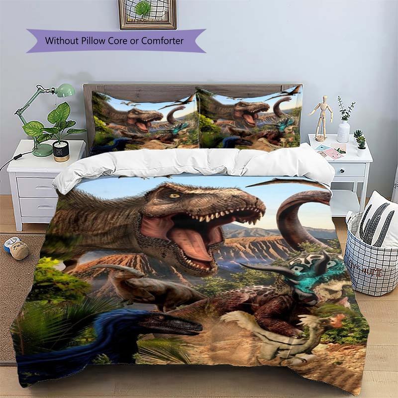 Jurassic Dinosaur Wild Valley Prehistoric Animal Print 3‑Pieces Duvet Cover Set Dino Bedding Without Pillow Core or Comforter