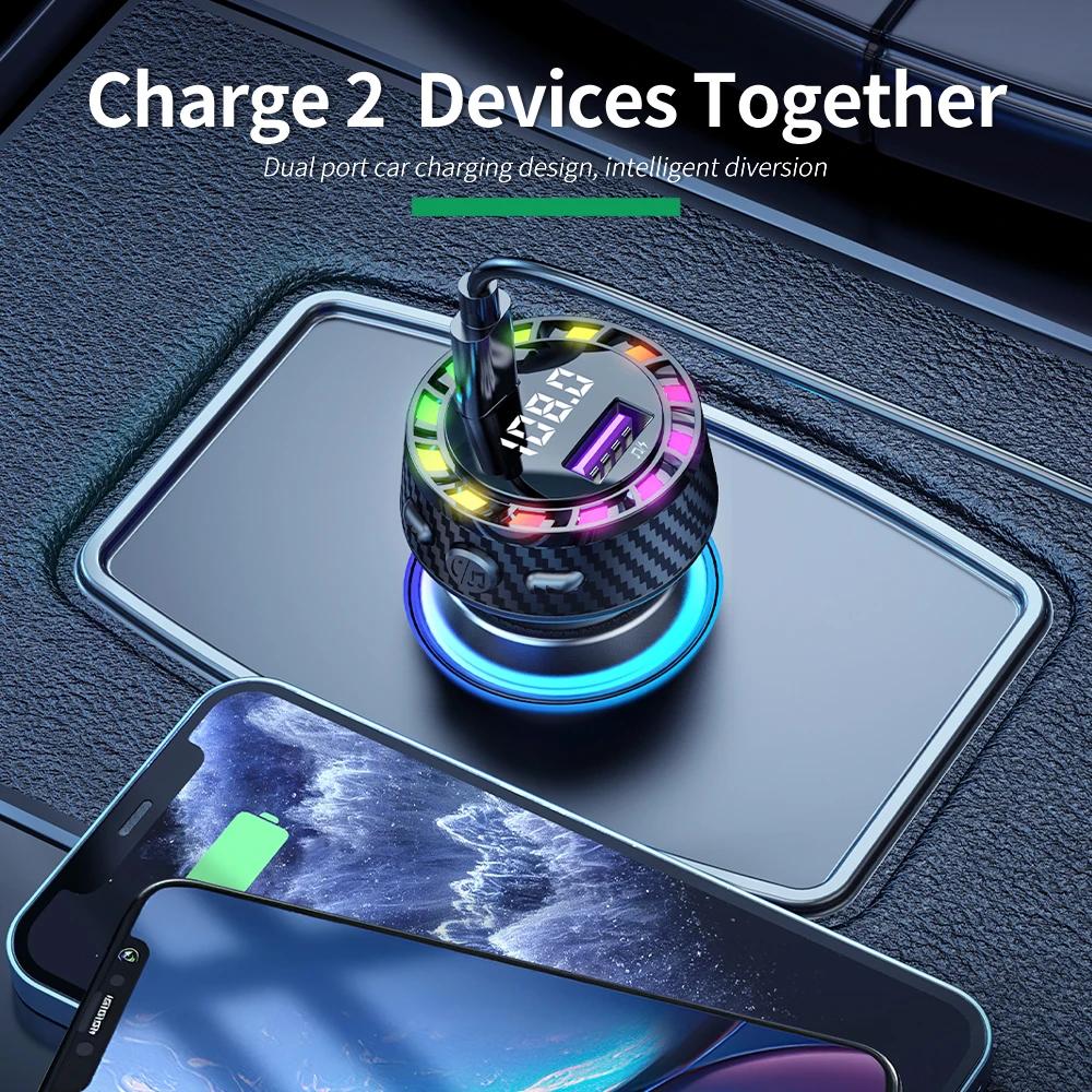 Bluetooth 5.3 FM Transmitter Car Charger with Dual USB & Type-C Fast Charging, MP3 Player, Hands-Free Calls, 12-24V Compatibility