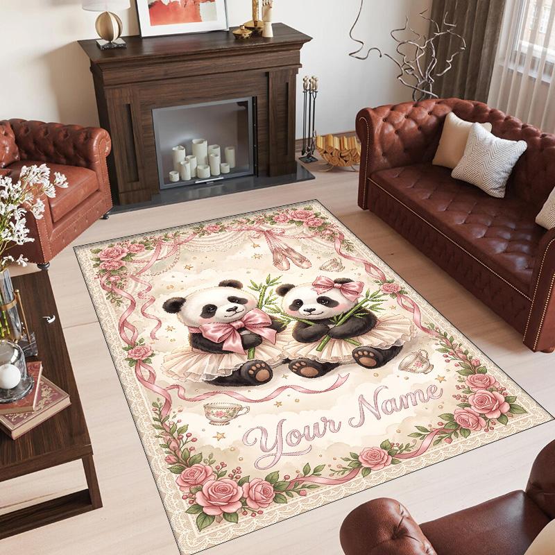 Panda Theme Crystal Velvet Rug Personalized Custom Name Text Soft Floor Mat Home Decor