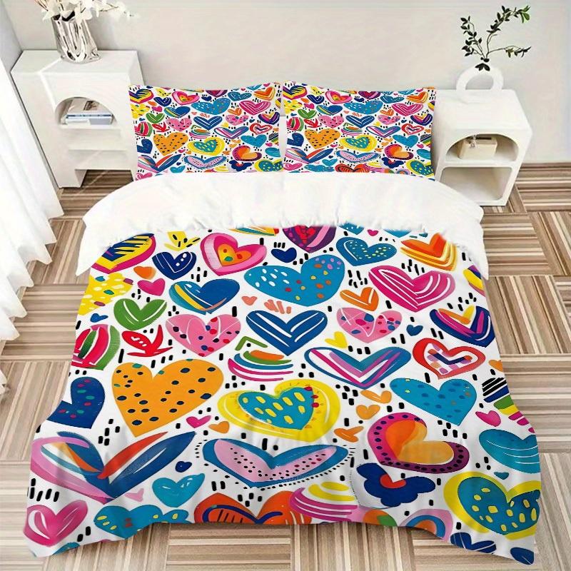 3pcs Colorful Hearts Bedding Set, Ideal for Home Use, Suitable for Bedroom Decor (1*Duvet Cover + 1/2*Pillowcases, No Core) yy250821190