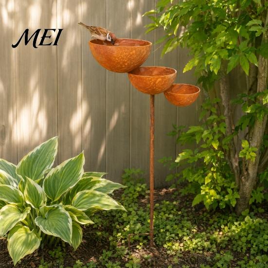 Three-level Waterfall Bird Feeder 3 Tiered Cascading Rain Catcher Bath, Metal Garden Stake Water Iron Bowl Feeder, Outdoor Pollinator Watering Station