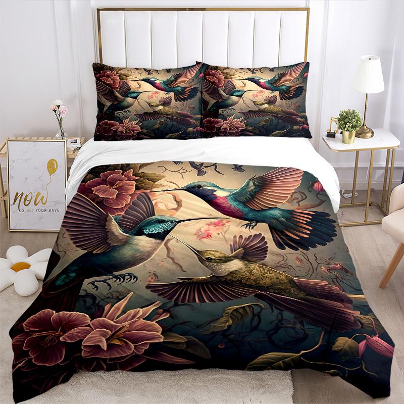 3pcs Whirling Hummingbirds Bedding Set, Including 1 Quilt Cover and 2 Pillow Shams, Without Filling, Soft and Comfortable Home Bedroom Fabric, Fa
